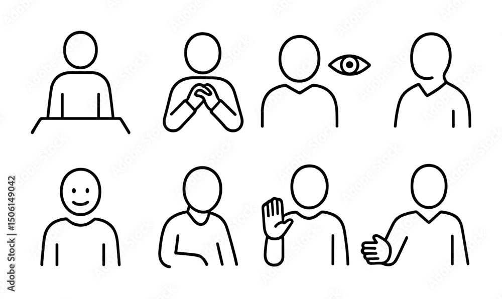 Poster communication skills outline icons set – line, interaction, message symbols