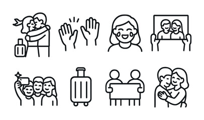 Family and friends outline icons set - flat, vector, social connection symbols