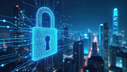 Cybersecurity concept digital lock over blurred city skyline. Cyber safety, data protection in cyberspace, business security. Tech safety, internet security, data encryption. Digital business safety.