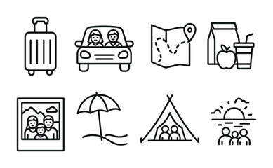 Travel and tourism outline icons set – linear, vacation and trip planning symbols