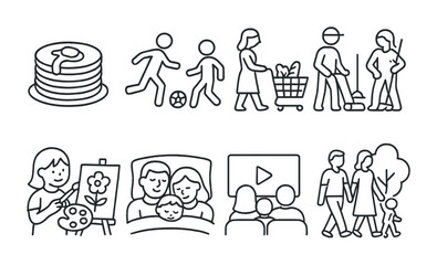 Fototapeta premium Family activity outline icons set – linear, line, lifestyle and fun symbols