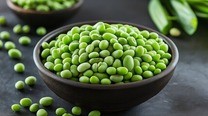 A pile of glossy, green lupini beans with smooth skins, often brined in a bowl , isolated on a dark  background.