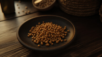 A serving of sticky, fermented natto beans in a simple brown bowl, with visible strands, isolated on a table background.