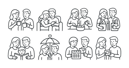 Family and relationship icons set – outline, linear, connection and bonding symbols