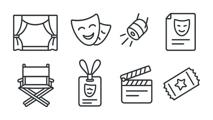 Fototapeta premium Theater and drama line icons set – silhouette, solid, performance and show symbols