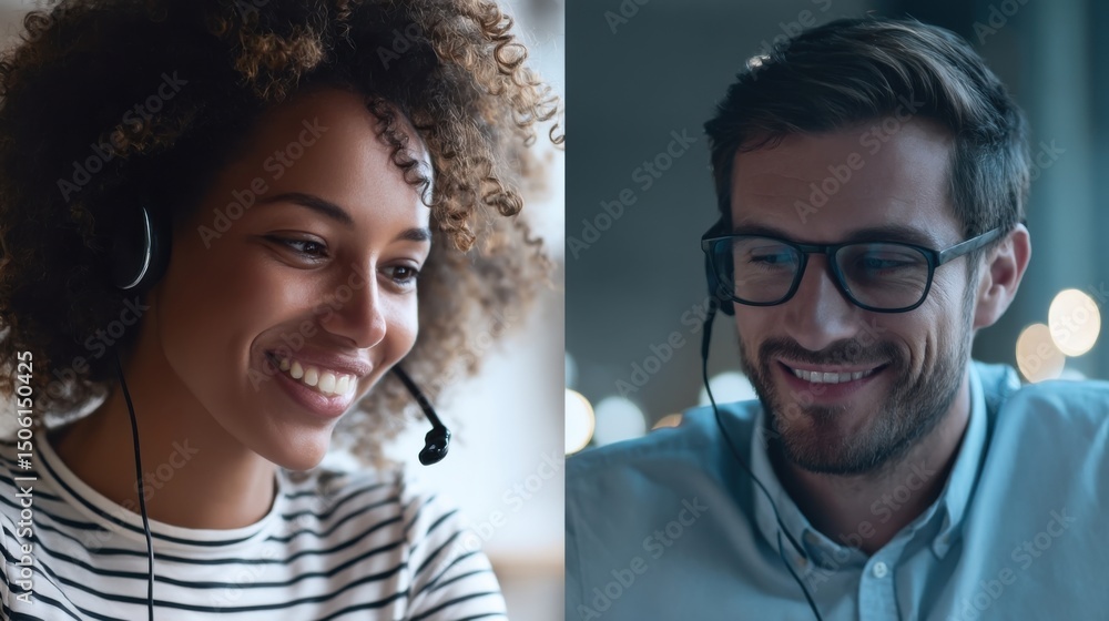 Poster two smiling professionals wearing headsets, representing remote communication and customer service e