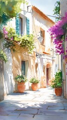 Fototapeta premium Village sketch: street European charm, scenic composition, architectural detail, artistic vision, watercolor touch, rustic scenery, cobblestone road, delicate hues, timeless portrayal.