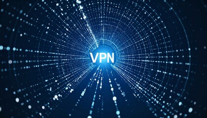 Obraz premium Abstract blue data tunnel with VPN text. Illustrates secure network connections, privacy, data protection, and cybersecurity. Great for tech, IT, and security themes.