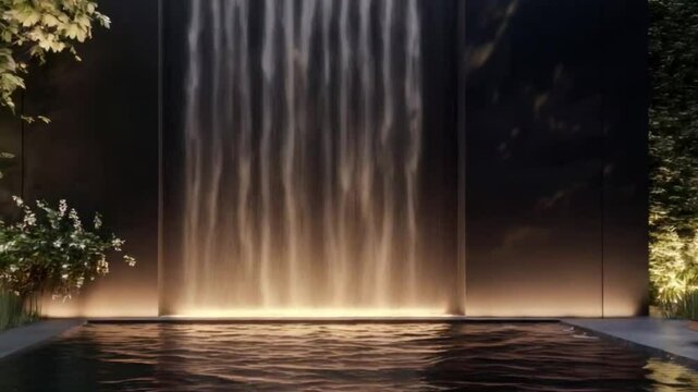 Modern poolside waterfall