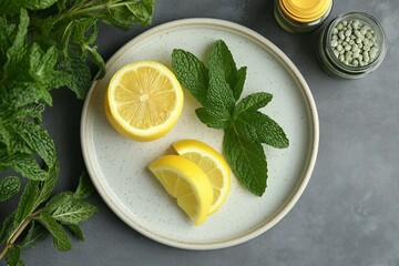 Fresh lemon and mint display on a white ceramic plate with jars nearby