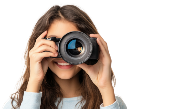 Playful girl holding up a camera lens like a monocle with a curious expression Isolated on Transparent Background PNG - Powered by Adobe