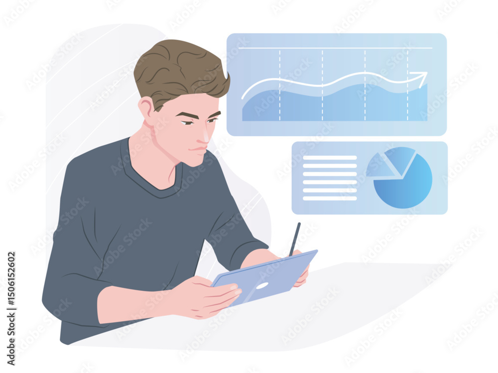 Poster young man working on a tablet with stylus, studying graphs and pie charts on screen, in flat style o