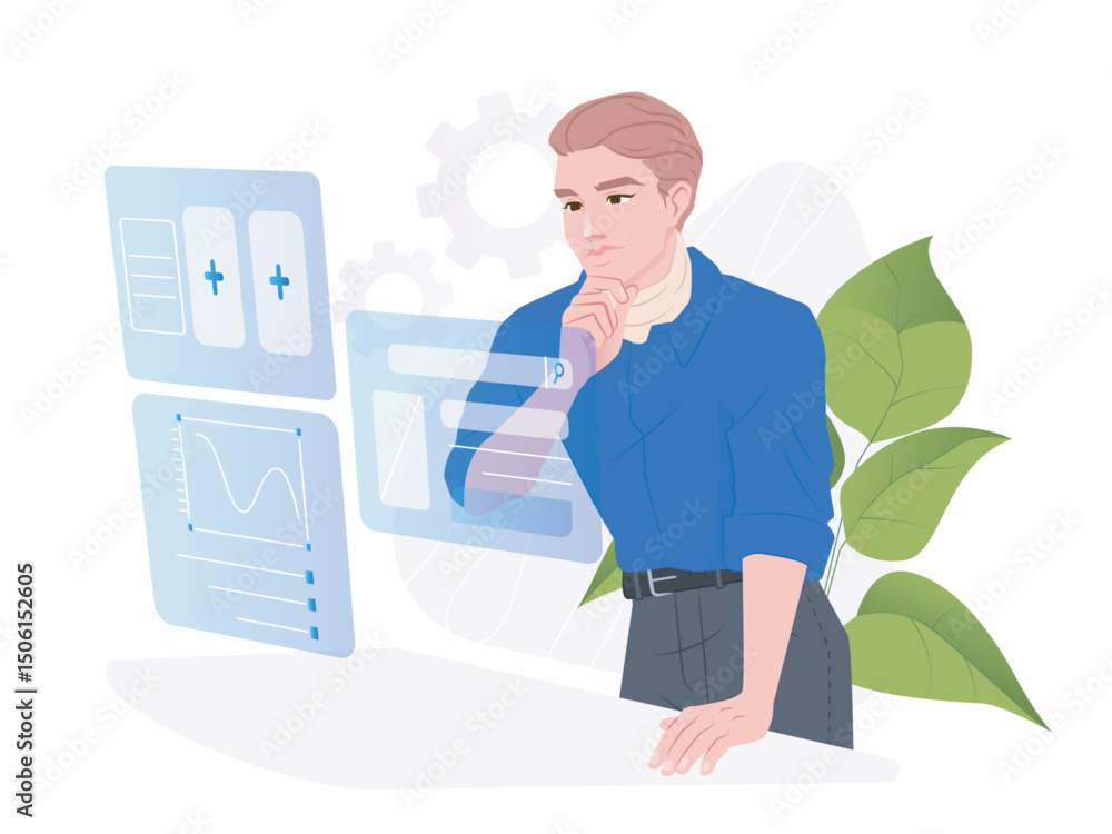 Poster man in blue shirt thoughtfully analyzing floating data charts and ui elements, flat style, on white 