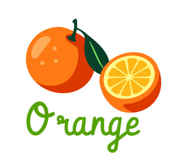 Whole orange fruit and a sliced half with green leaves shown in flat cartoon style on white background. Concept of healthy citrus food. Vector illustration