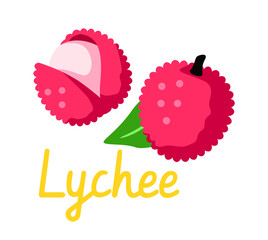 Bright pink lychee fruit with green leaf and stylized text on white background, cartoon style, concept of tropical fruit and healthy food. Vector illustration