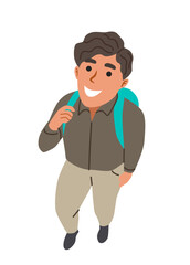 Cheerful young man with a backpack looking up, flat cartoon style, on white background. Concept of travel, education, or adventure. Vector illustration