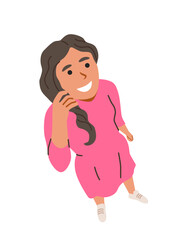 Cheerful woman with dark hair wearing a pink dress, smiling and looking up, flat cartoon style on white background. Concept of happiness and positivity. Vector illustration