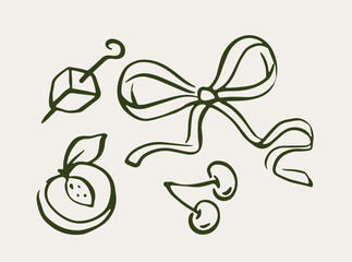 Hand-drawn sketch of fruit, ribbon, and bow elements in dark green on light background, featuring a minimal and playful style. Vector illustration