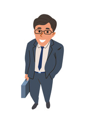 Cartoon-style businessman in suit holding a briefcase, standing on white background. Concept of professional success, career, and corporate lifestyle. Vector illustration