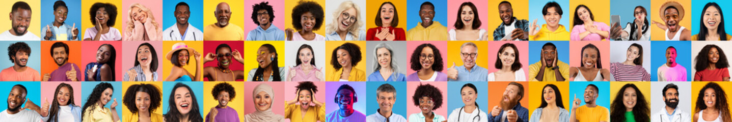 A vibrant collection of portraits features diverse individuals expressing joy and connection.