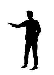 Silhouette of a man standing and pointing sideways with one hand, minimalist black graphic style on white background. Concept of direction or presentation. Vector illustration