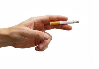 Hand holding cigarette isolated on white background