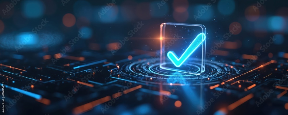 Poster futuristic digital interface with glowing check mark in checklist. technological concept on dark bac