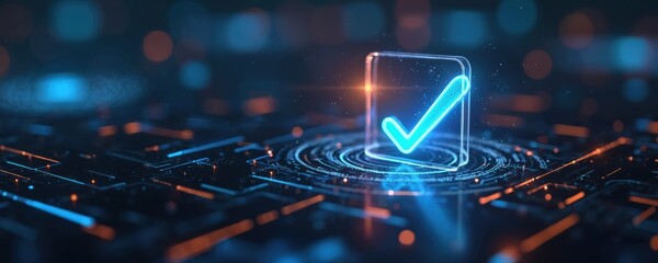Plakat Futuristic digital interface with glowing check mark in checklist. Technological concept on dark background. Idea for digital, online voting, software, website development, data analysis, financial