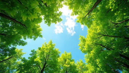 Fototapeta premium View from below of clear blue sky surrounded by green trees. Sunny day, beautiful nature, lush foliage, clear sky. Branches with vibrant green leaves. Fresh air, eco, environment.