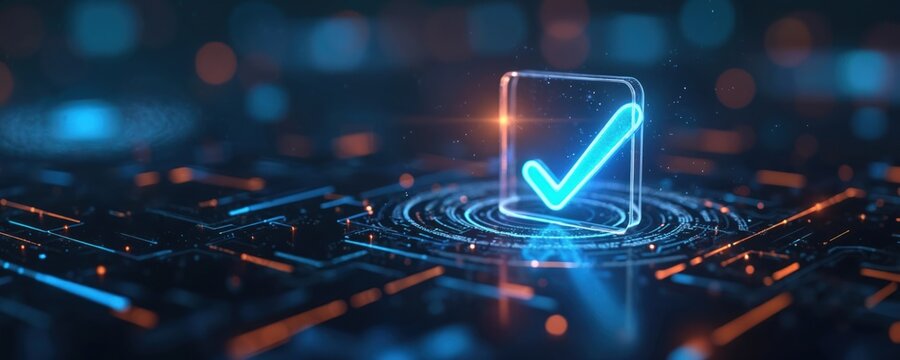 Futuristic digital interface with glowing check mark in checklist. Technological concept on dark background. Idea for digital, online voting, software, website development, data analysis, financial