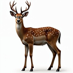 Obraz premium Majestic deer stands isolated on white background. Portrait shows beauty of wild fauna. Spotted coat, elegant antlers. Perfect for wildlife, nature, animal, eco projects, graphic design educational