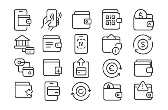Line style icons of digital wallets: phone wallet, NFC pay, wallet app, balance icon, bank link, transaction log, payment scan, passcode screen