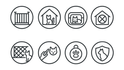 Fototapeta premium Line style icons of pets at home: pet safety gate, home pet zone icon, no access symbol, cozy crate icon, safe balcony net, temperature check for pet, ID tag symbol, escape prevention badge