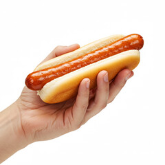 Hand holding hotdog isolated on white background