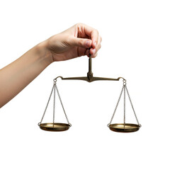Hand holding justice scales isolated on white background