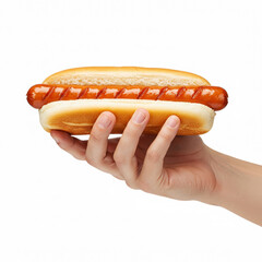 Hand holding hotdog isolated on white background