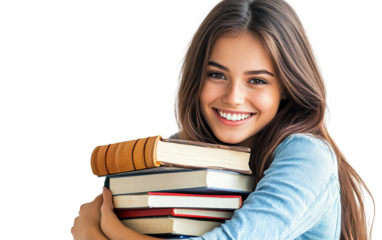 Girl hugging a stack of books with a big smile celebrating education and learning Isolated on Transparent Background PNG