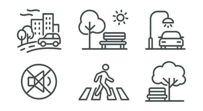 Line style icons of caring cities: urban calm zone, quiet park icon, soft lighting street, traffic calming badge, noise-free sign, reflective crosswalk icon, safe corner with tree