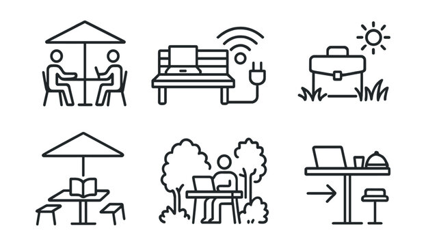 Line style icons of caring cities: open air cowork spot, laptop + power bench, community Wi-Fi zone, work outside symbol, bookable outdoor table, quiet work garden, mobile meeting point