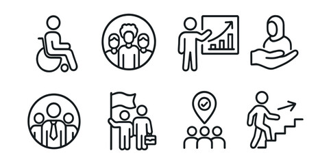 Line style icons of social entrepreneurship: inclusive hiring icon, diverse team badge, training and upskilling icon, employment for at-risk groups, social inclusion job icon, empowerment through work