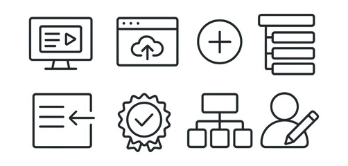 Line style icons of EdTech platforms: course creation icon, upload content panel, add quiz button, module builder screen, lesson order drag tool, publish course badge, learning path planner