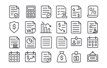 Line style icons of tax and regulations: tax document, calculator, invoice stamp, audit checklist, tax percentage, tax report, VAT paper, deduction chart, taxable income, e-filing icon, tax refund,