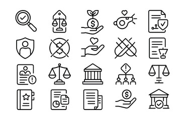 Line style icons of financial ethics: transparency icon, fair pricing, ethical investment, honest reporting, whistleblower icon, accountability badge, anti-corruption, donation ethics, conflict of
