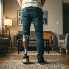 Low section of disabled man with prosthetic leg sitting on bed at home