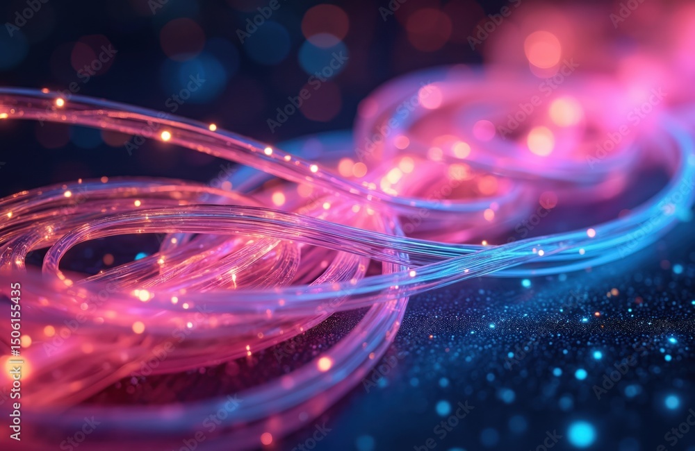 Poster fiber optic cables data flow. digital neon background with glowing lines. tech innovation for modern