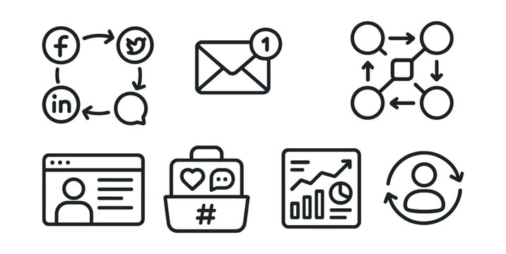 Line style icons of social media and communication: cross-platform icon, unified inbox badge, manage across apps symbol, post to multiple accounts icon, shared profile layout, integrated social toolk
