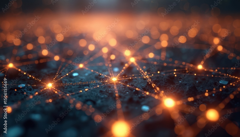 Poster abstract network of glowing points, lines in digital cyberspace. futuristic design with glowing dots