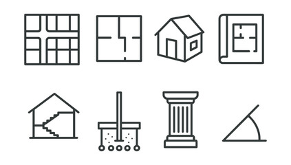 Line style icons of architecture and cities: urban street grid, building floor plan, isometric house icon, architectural blueprint, section view icon, foundation structure, column with base, roof