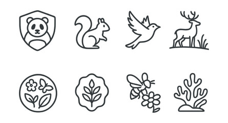 Obraz premium Line style icons of nature and ecology: endangered species icon, forest animal outline, bird in flight, deer in meadow, biodiversity circle, native species badge, bee pollination icon, coral reef