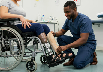 Technician is adjusting the prosthetic leg of a woman sitting in a wheelchair, demonstrating support and care for people with disabilities